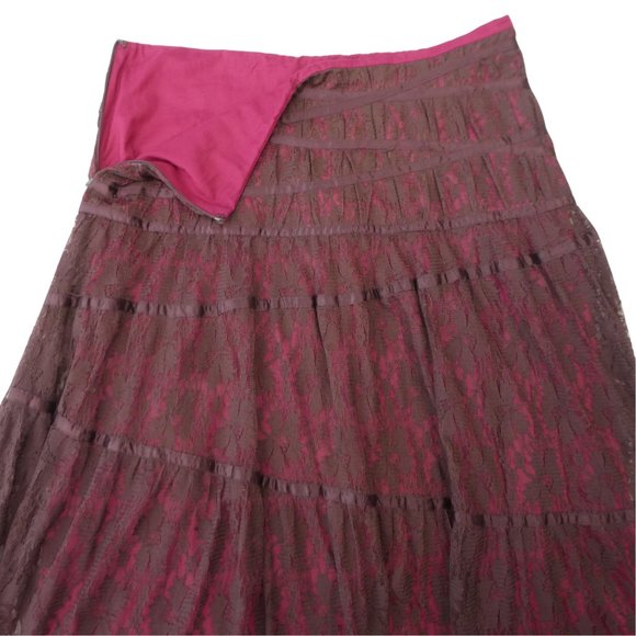 SOLD Bebe Maxi Floral Lace Overlay Skirt Burgundy Silk Ribbon Trim Raisonette - Picture 5 of 10